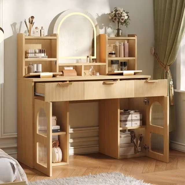 Toeletta, specchio con illuminazione a LED, 3 cassetti, 2 ante in vetro, ripiano, colore legno naturale