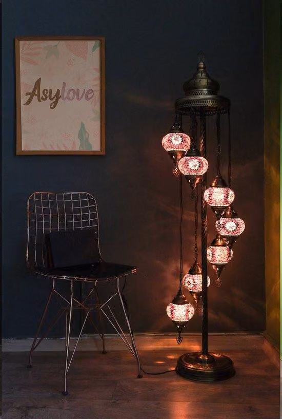 Lampada da terra turca realizzata a mano con 7 sfere di vetro colorate – lampada da terra orientale con mosaico dai colori caldi