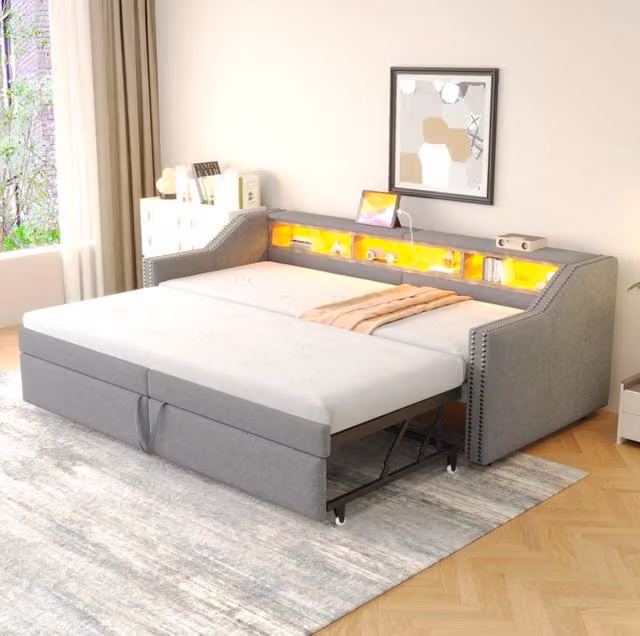 Letto divano 90/180 x 200 cm grigio chiaro in tessuto con letto estraibile
