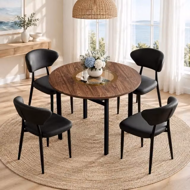 Set da pranzo moderno MIVRAY con tavolo rotondo in vetro e MDF e 4 sedie in PU nero e marrone per cucina e sala da pranzo