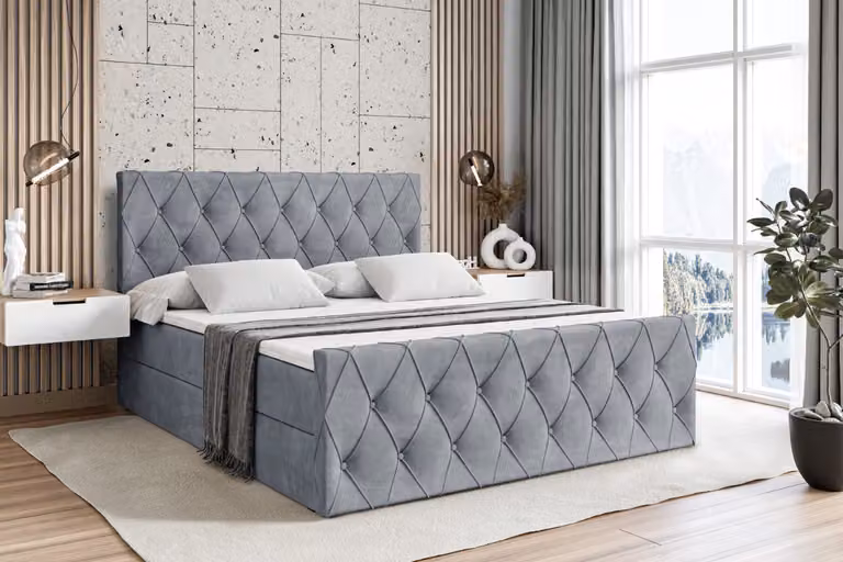Letto boxspring ALTDECOR con materasso e rete a doghe - AMAY - 120x200 cm - Velluto grigio - Letto boxspring, pediera, topper, letto imbottito con contenitore, letto con vano portaoggetti H3 - Materasso, letto matrimoniale, letto boxspring