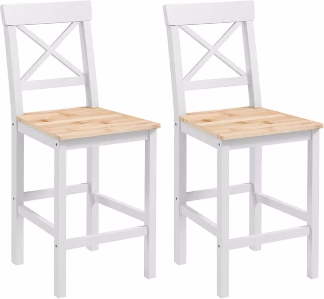 Set di 2 Sgabelli da Bar Minimal in Legno di Pino Naturale con Schienale e Poggiapiedi