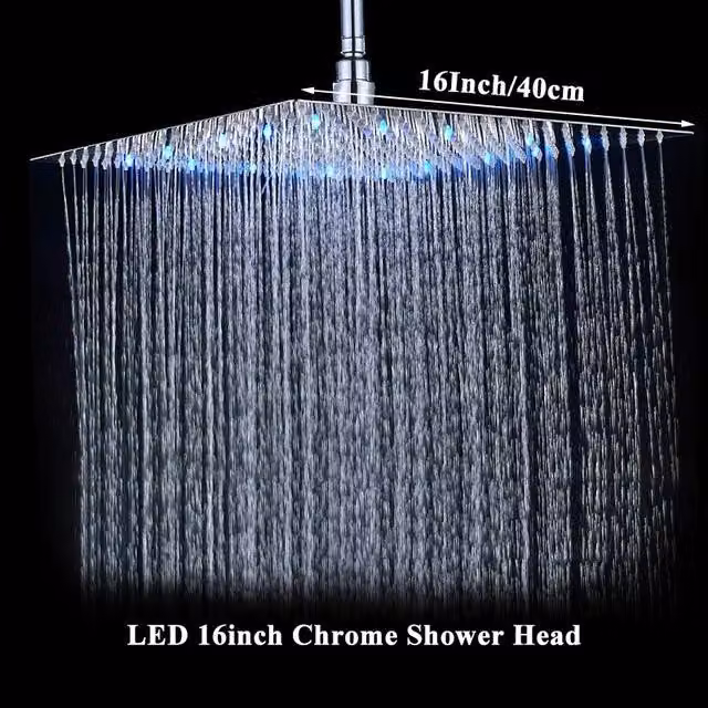 Doccia a LED - Soffione da incasso - 40 cm quadrato - Ultrapiatto in ottone - LED a cambiamento di colore alimentati ad acqua - 16 LED cromati
