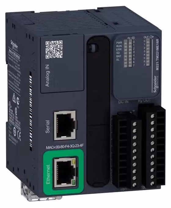 Controllore PLC Schneider Electric, Modicon M221, formato libro, 16 I/O, Ethernet, Modbus, 24 V CC, uscite a relè, morsetti a vite TM221ME16R
