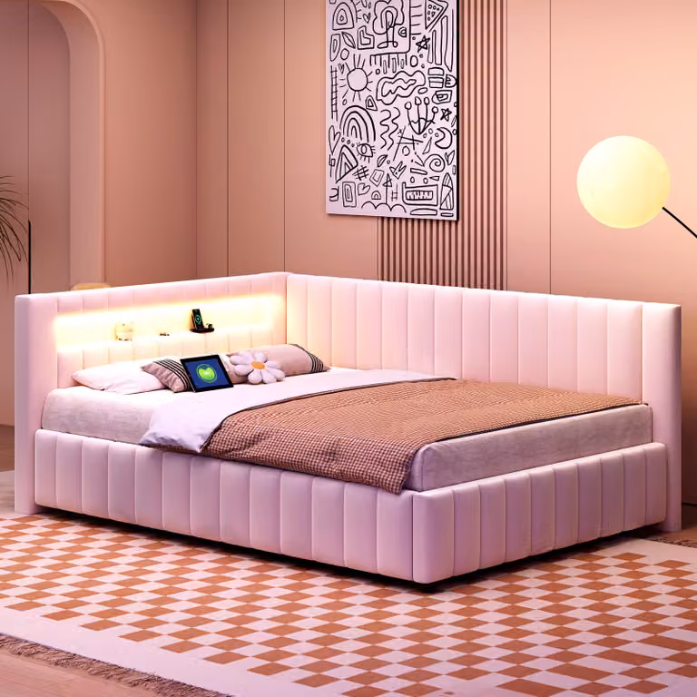 Letto imbottito 140x200 cm, color beige, rivestito in velluto, con illuminazione LED e porta USB, dotato di schienale, testiera e rete a doghe