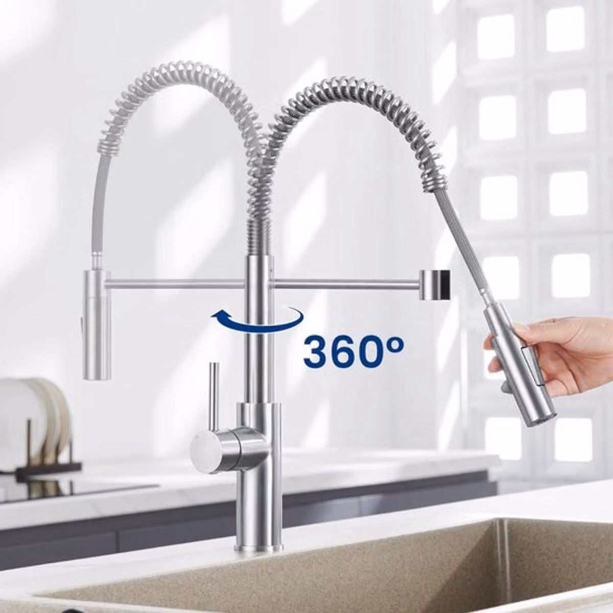 Miscelatore da cucina estraibile a 360°, con beccuccio estraibile e ugello a spruzzo, rubinetto ad alta pressione, con 2 tipi di getto d'acqua, adatto per fori da 33-38 mm
