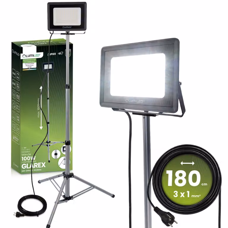 LUMILED Proiettore da cantiere a LED con treppiede, potenza totale 10.000 lm, lampada da lavoro 1x100W, 4000K, regolabile in altezza fino a 160 cm, treppiede telescopico, IP65, rotazione a 360°, lampada da officina, proiettore a LED per cantieri, garage,