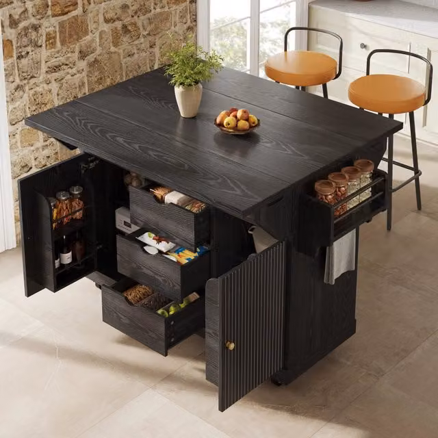 Carrello da cucina mobile con 3 cassetti e piani laterali pieghevoli, ripiani regolabili, in MDF e metallo nero