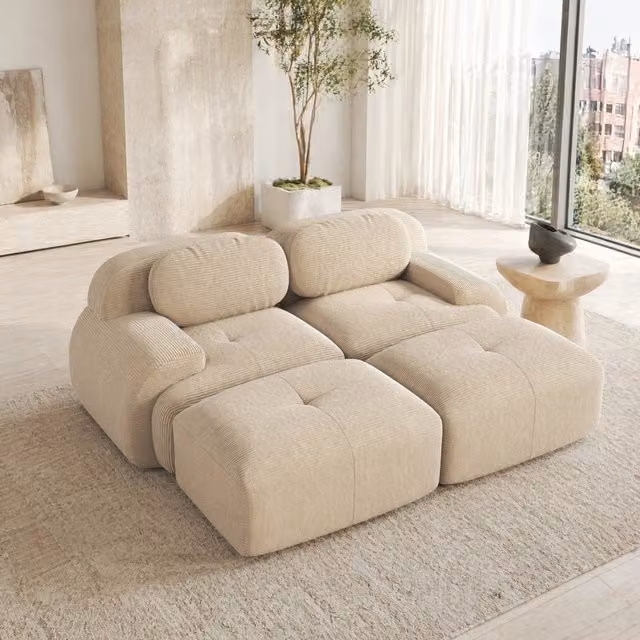 Divano angolare modulare senza struttura in velluto a coste beige; 208×178×70 cm