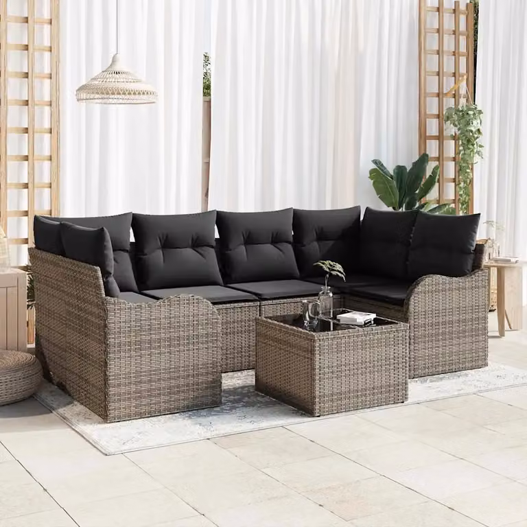 Set Divano da Giardino vidaXL 7 Pezzi a Forma di L Grigio con Tavolino e Cuscini in Polyrattan e Acciaio