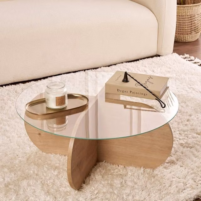 Tavolino da salotto rotondo DMORA in legno rovere marrone e vetro trasparente L/P/H: 75 x 75 x 35 cm