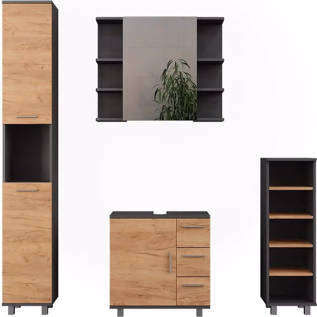 Set di mobili da bagno Ilias Antracite/Rovere dorato 4 pezzi Vicco