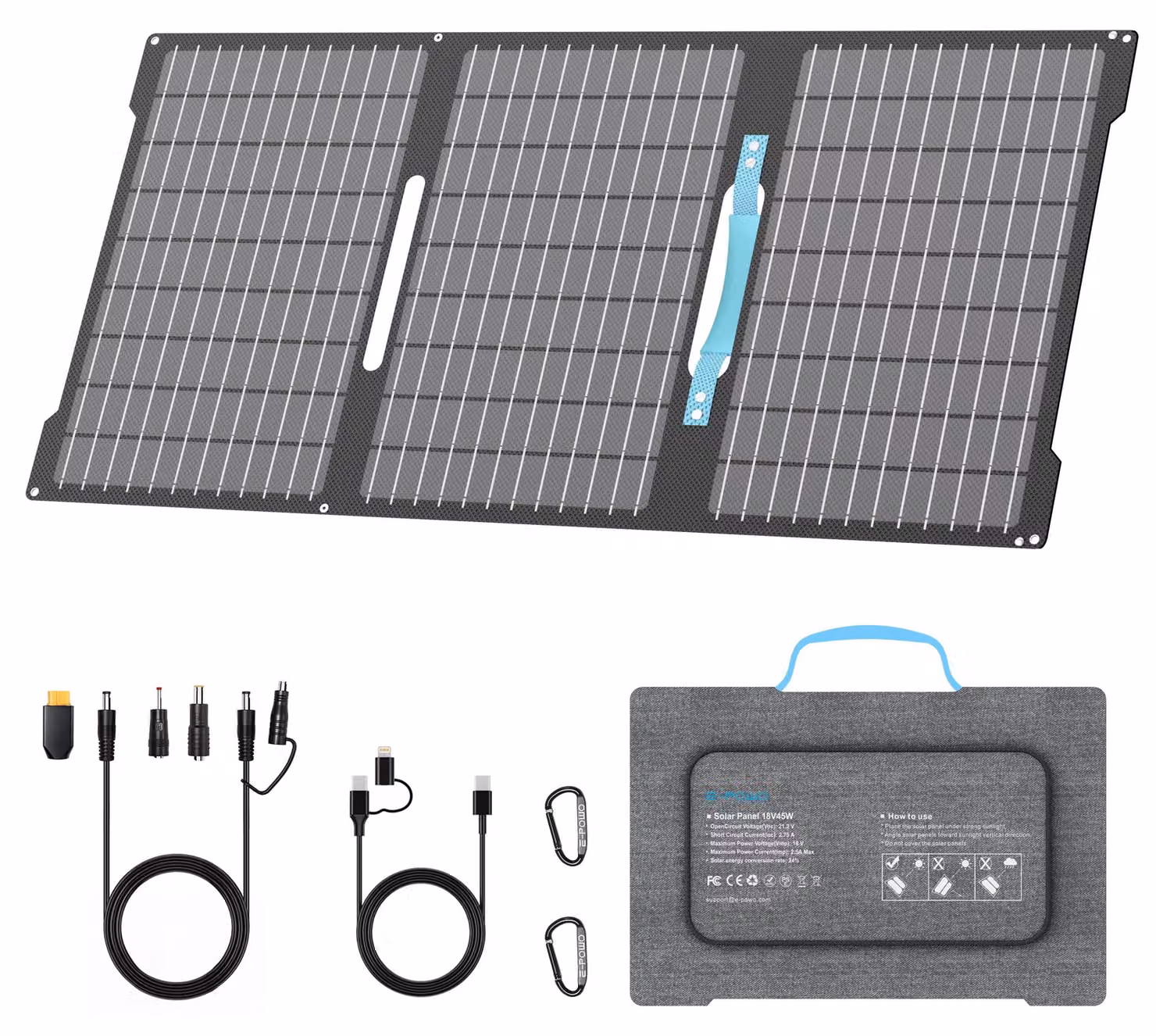 Pannello solare pieghevole da 45W con porte USB-C, USB-A e DC, grado di protezione IP67