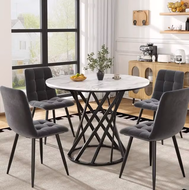 Set tavolo da pranzo 5 pezzi bianco/nero/grigio - tavolo rotondo 80 cm, 4 sedie