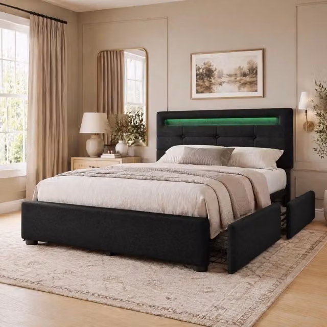 Letto singolo con illuminazione LED e 2 cassetti; testiera regolabile; per materasso 90x200 cm; nero