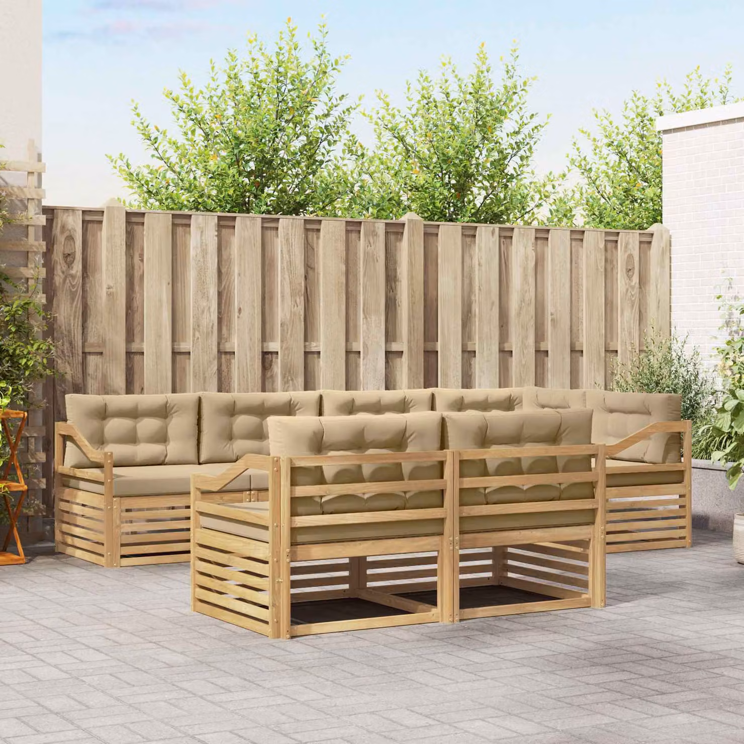 Set di divani da esterno vidaXL a forma di L composto da 7 pezzi in legno di acacia con cuscini, colori bianco, beige e marrone