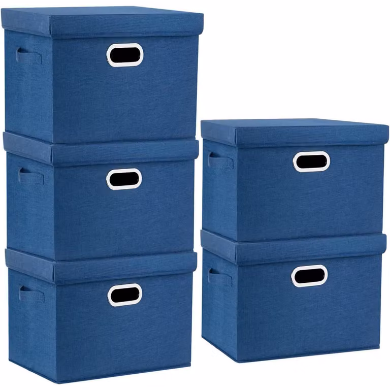 Contenitore con coperchio, in tessuto, pieghevole, lavabile, confezione da 5 pezzi, colore blu classico, dimensioni 44x30x29 cm