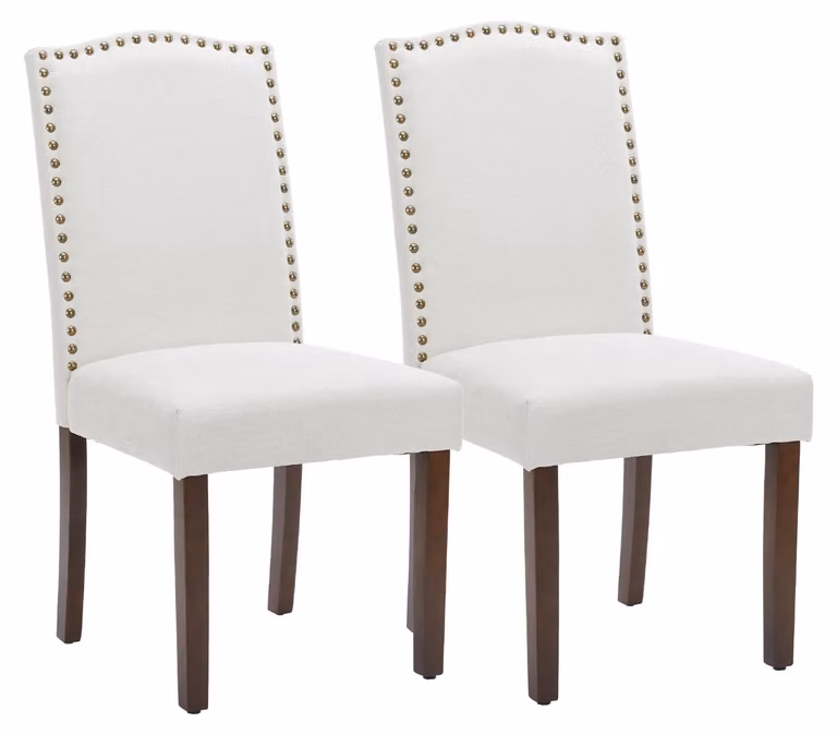 Set di 2 sedie da pranzo, imbottite, rivestite in tessuto, con borchie, color beige