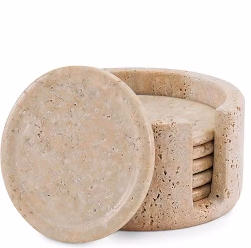 SPESHSTONES Set di sottobicchieri rotondi in marmo per bevande da 8,9 cm in Travertino, fatti a mano, set di sottobicchieri da ufficio, contenitori da cucina, sottobicchieri