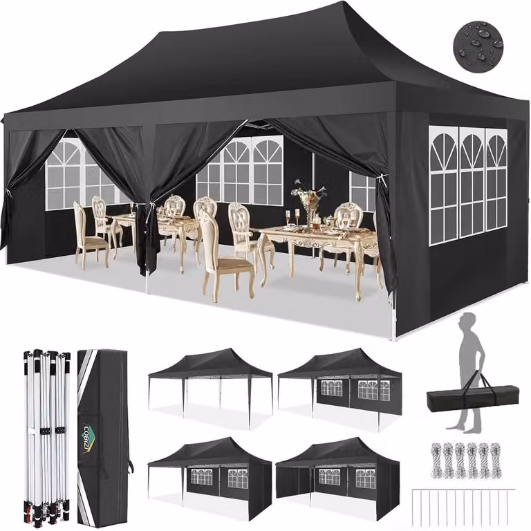 Gazebo da esterno 3x6 metri, impermeabile, con 6 pannelli laterali, tessuto Oxford 210D, protezione UV UPF50+, altezza regolabile da 300 a 320 cm, colore nero