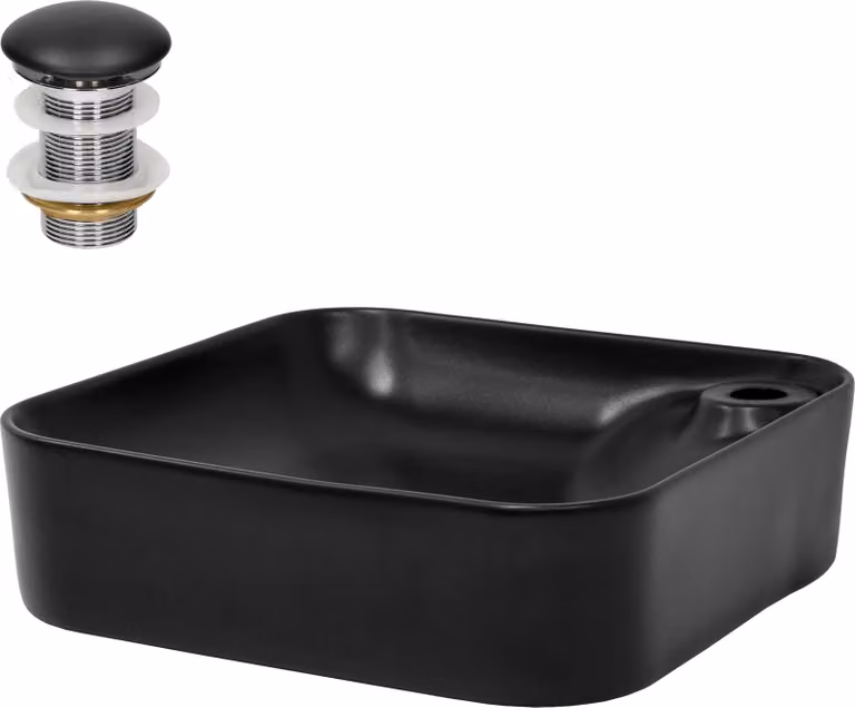 LuxeBath Lavabo da appoggio Square, 43x43x12 cm, nero, in Vetroceramica, incl. set di scarico senza troppopieno