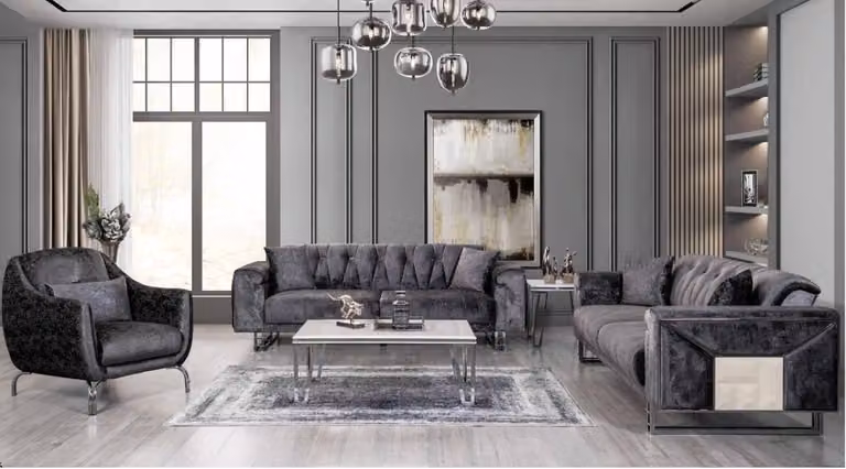 Sofagarnitur 3+3+1 Sitzer Couchtisch Beistelltisch Modern Schwarz Komplett