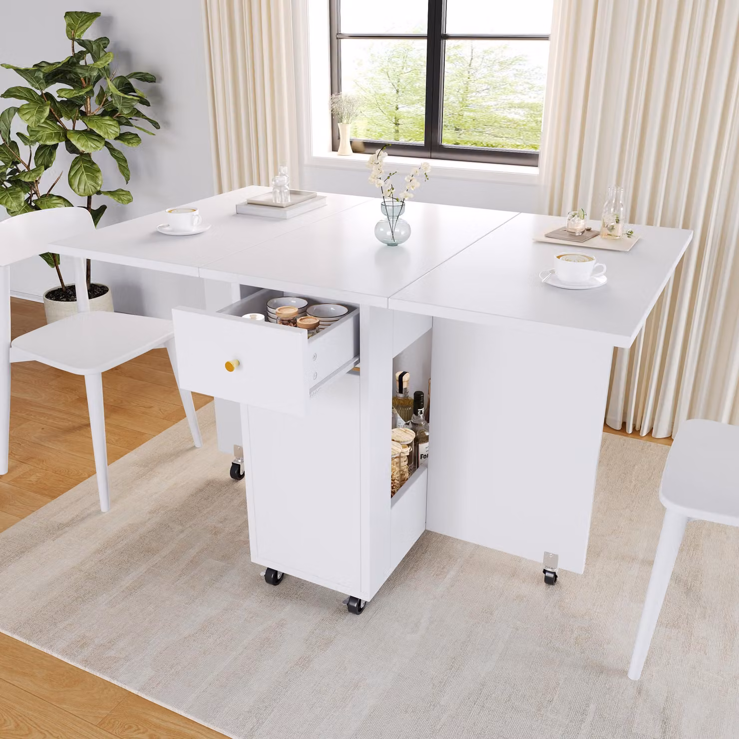 Flieks Tavolo da pranzo pieghevole con vano portaoggetti aperto, 2 cassetti, rotelle con freno, piano di lavoro da cucina mobile 120x75x75 cm, per 2-4 persone, bianco