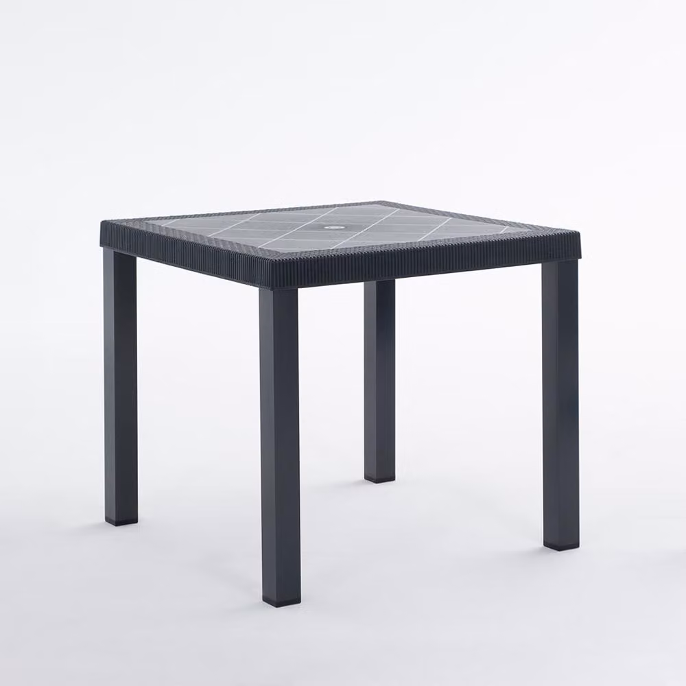 Tavolo da giardino quadrato 82×82 cm in alluminio con piano in polipropilene effetto rattan e foro per ombrellone - design moderno e robusto, ideale per giardini, terrazze, bar e ristoranti - RAUL - antracite