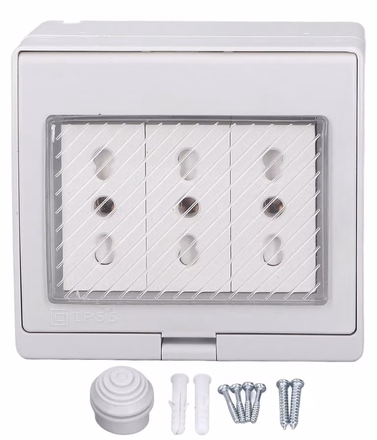 Prese a muro impermeabili IP55, con alloggiamento resistente alla polvere e ignifugo, dotata di 3 prese per spine italiane, compatibile con tensioni da 110-250 V