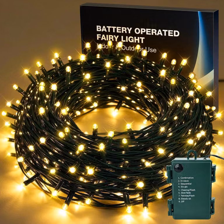 Catena luminosa da 20 metri, con 200 LED bianco caldo, grado di protezione IP44, alimentazione a batteria