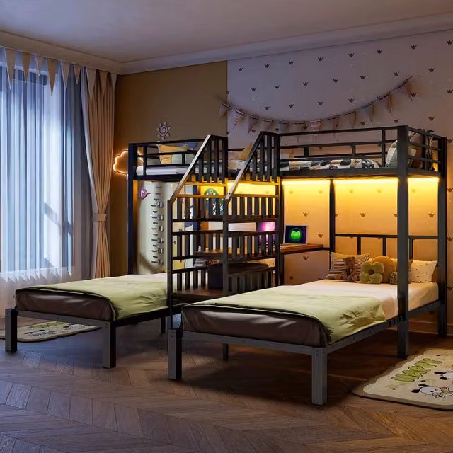 Letto a Castello 3 Posti con Scrivania e Scaffale ¨C Xylo ¨C Nero, LED, USB, 90x200