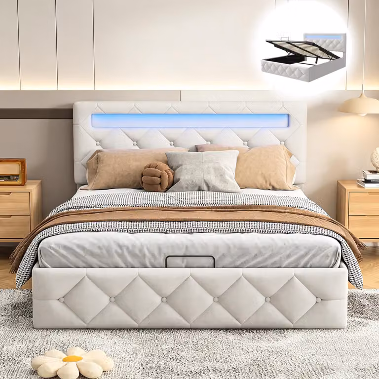 Letto contenitore con boxspring, 140x200 cm, con illuminazione a LED, imbottito, con sistema di sollevamento idraulico, adatto per ragazzi, con rete a doghe e contenitore, rivestito in velluto, color beige.