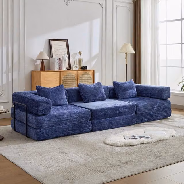 Divano letto pieghevole modulare convertibile in ciniglia blu scuro
