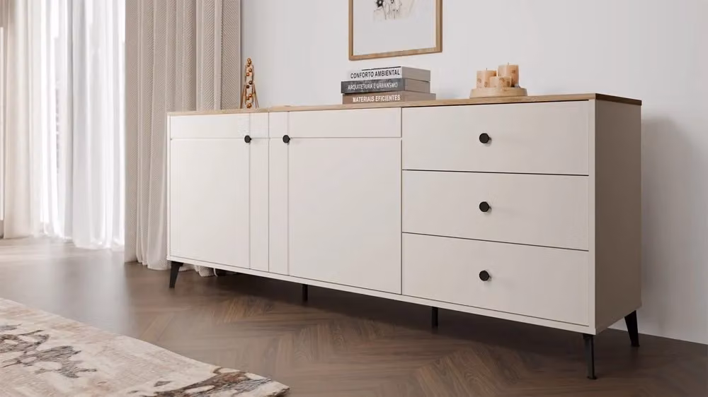 Cassettiera POINT CASTELLO con 3 cassetti e 2 ante, colore cashmere beige rovere, ideale per camera da letto e soggiorno – 2