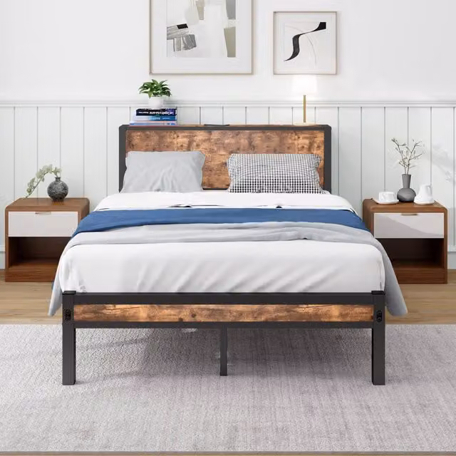 Letto a piattaforma in metallo - Zephmum- 120x200 cm- Vintage Brown- Testiera con vano contenitore, silenzioso, senza necessit¨¤ di boxspring