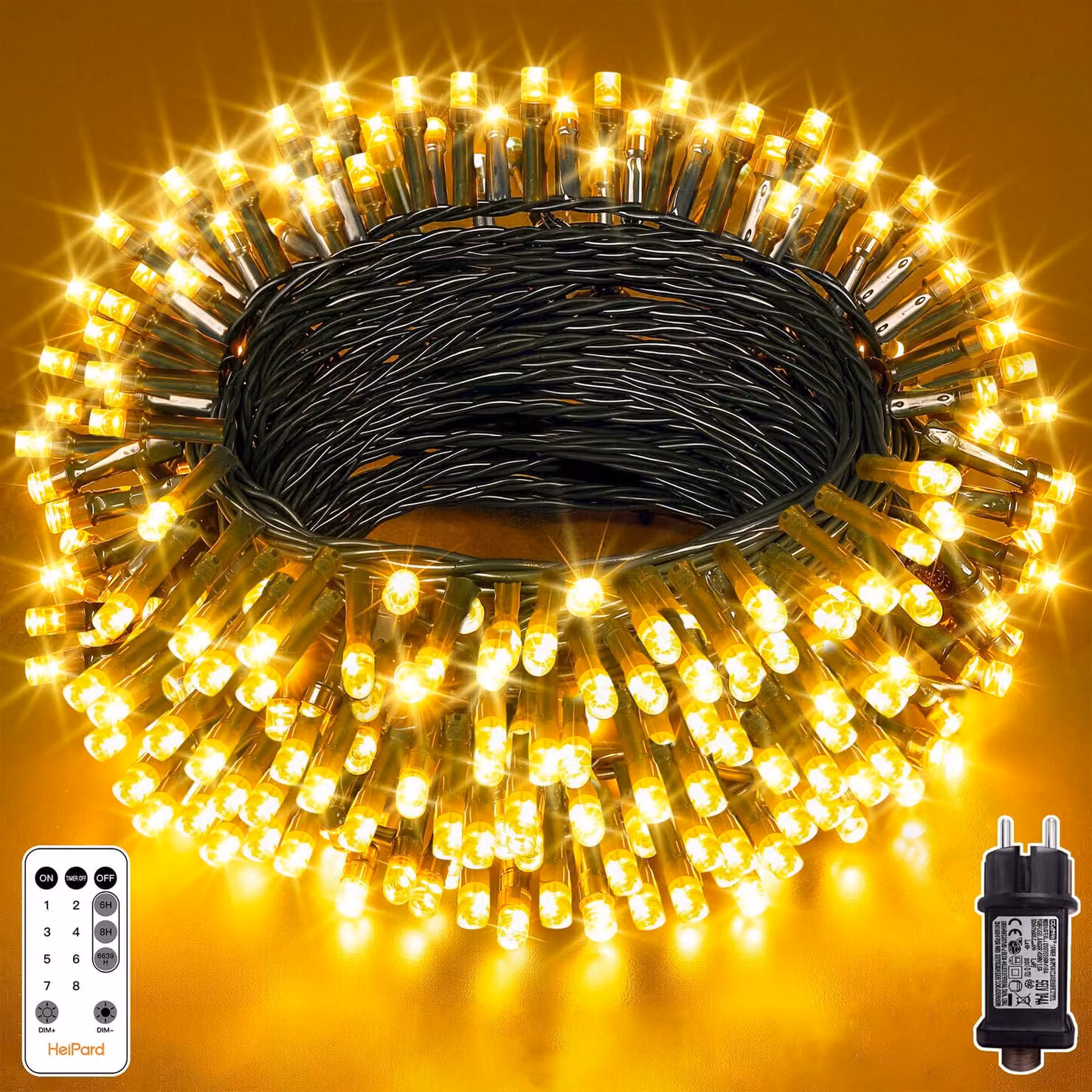 Catena luminosa a LED, 20 metri, 200 LED bianco caldo, 8 modalità, timer, dimmerabile, grado di protezione IP44