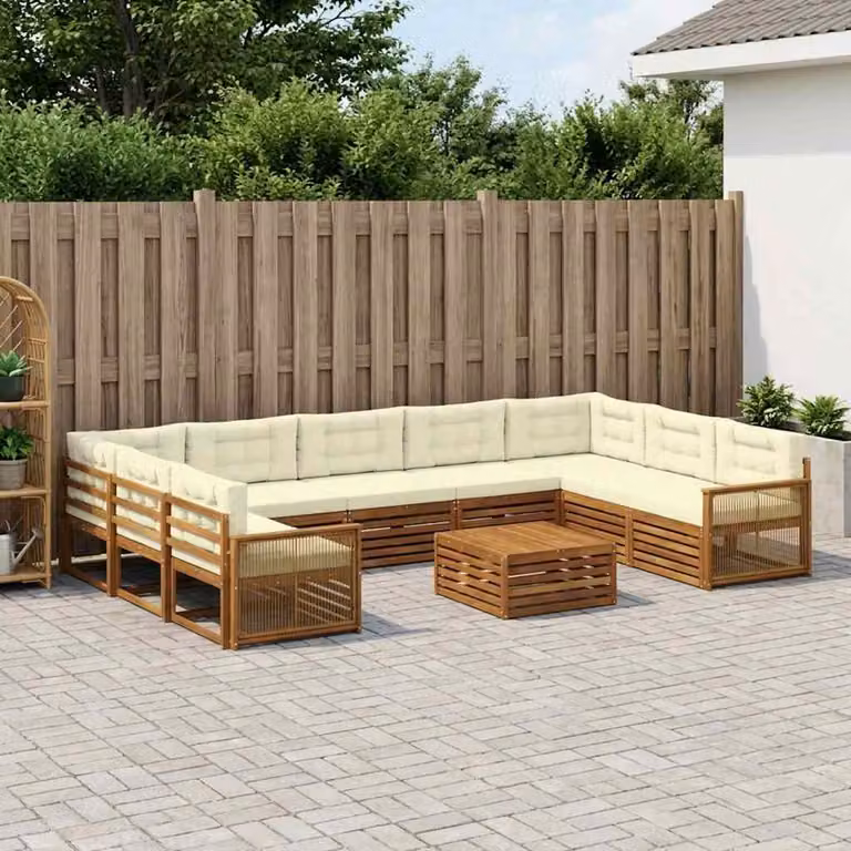 Set di divani da esterno vidaXL a forma di U in legno di acacia con tavolino da caffè, 10 pezzi, Beige, Bianco e Marrone