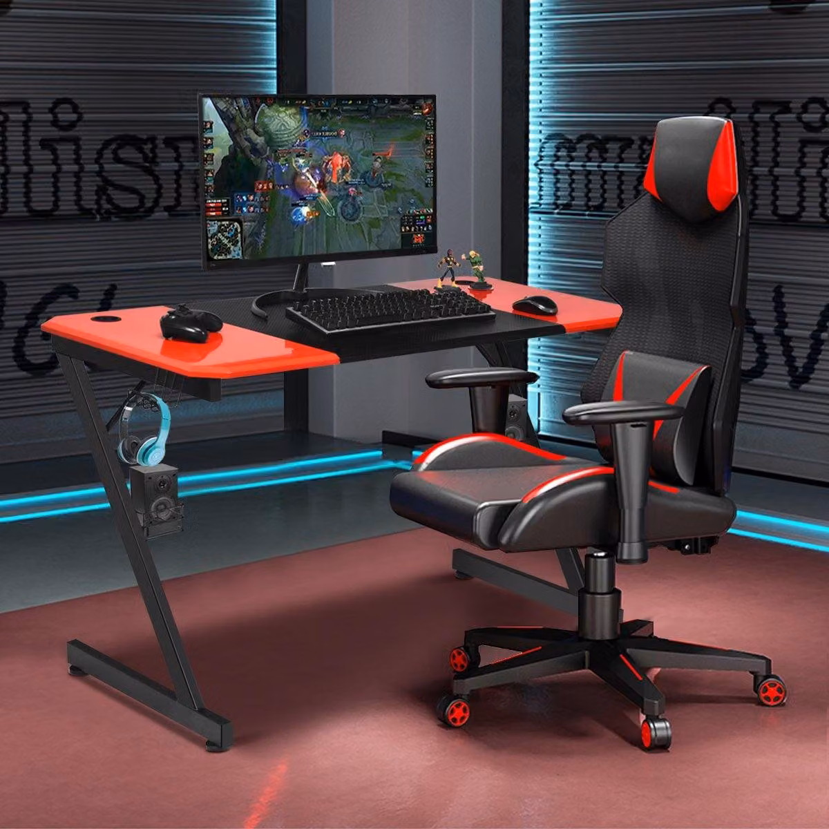 Tavolo da gioco a forma di Z Tavolo per computer Tavolo per PC con portabicchieri, gancio per cuffie e supporto per altoparlante, scrivania, nero/rosso