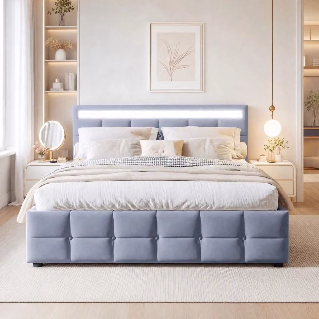 Letto Imbottito REDOM in Velluto con Illuminazione LED e Sistema a Sollevamento Idraulico, L/P: 180 x 200 cm, Grigio o Beige – 2