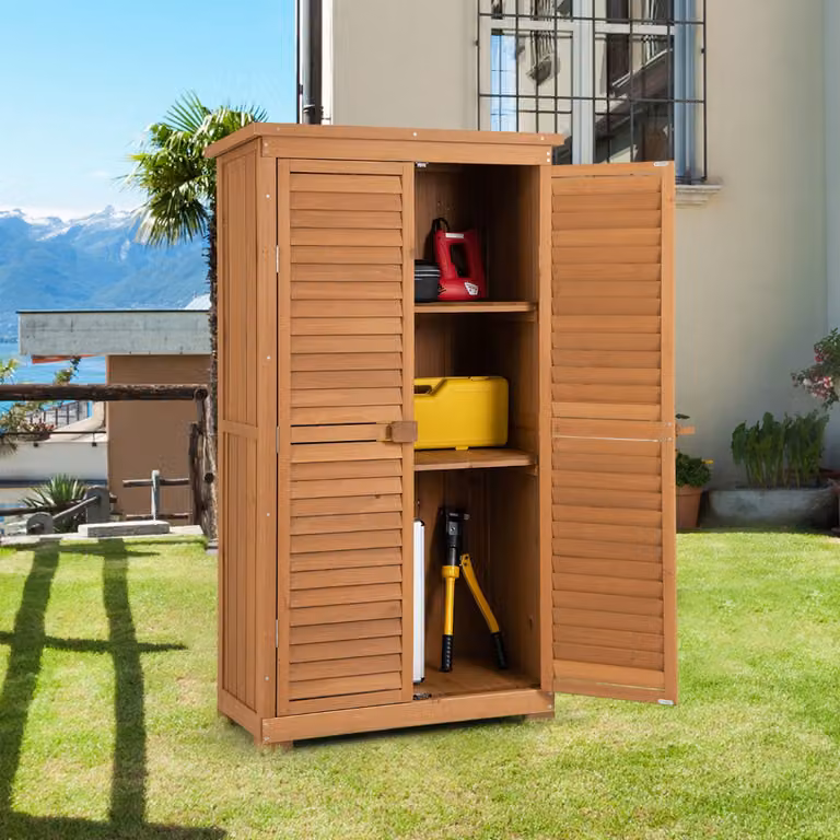 Armadio da giardino Costway in legno marrone con ripiani interni, ripostiglio da esterno L: 87 cm, P: 47 cm, H: 160 cm