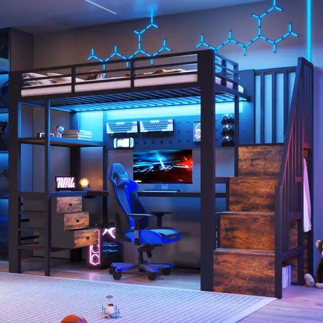 Letto a soppalco 90x200 cm con scrivania; LED e presa in MDF e metallo nero