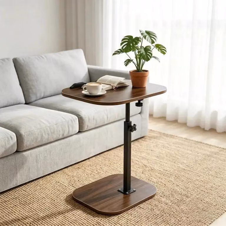 Tavolino a forma di C - Tavolino laterale regolabile in altezza - Struttura in bambù - Piano in legno - Con rotelle - Noce - 1 pezzo