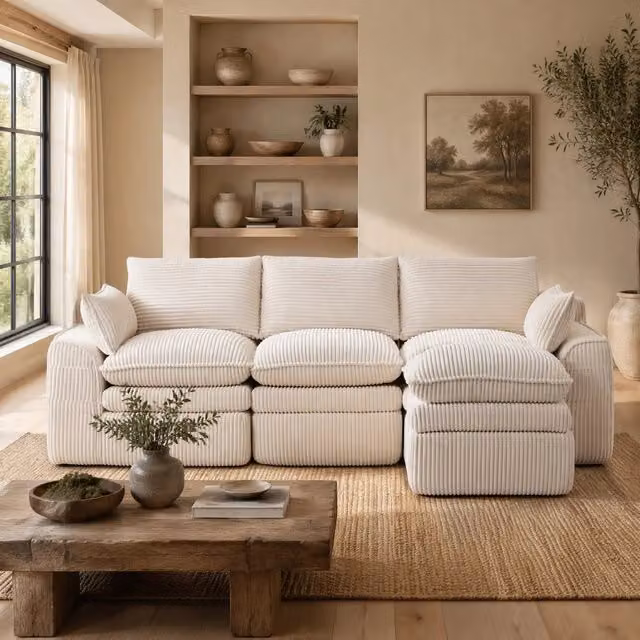 Divano modulare ULEVR 263x167x85 cm con pouf, tasche laterali e cuscini, rivestimento in velluto a coste beige