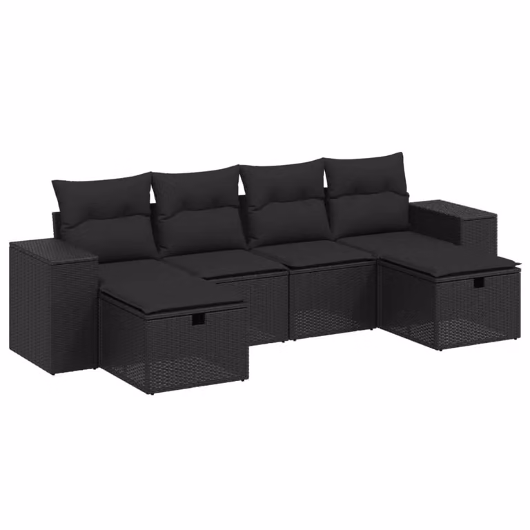 Set Divano da Giardino 6 pz con Cuscini Nero in Polyrattan
