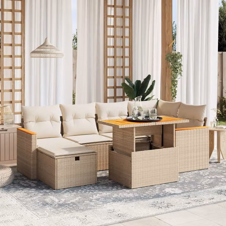 vidaXL Set Divani da Giardino 7 pz in Polyrattan con Cuscini Beige e Tavolino da Esterno