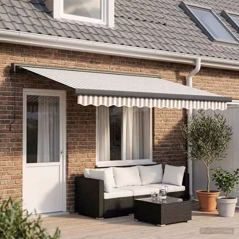 Tenda retrattile vidaXL con bracci pieghevoli in poliestere, Grigio chiaro e bianco, L 400 cm x P 300 cm