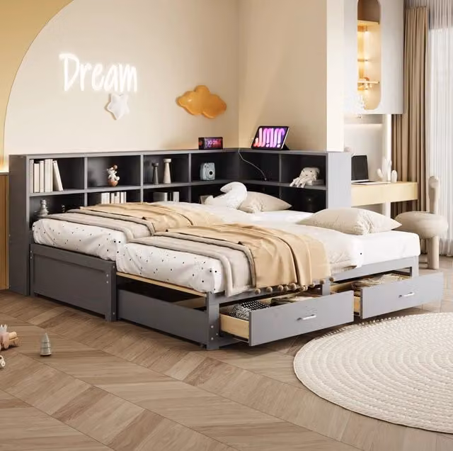 Letto multifunzionale in legno massello 90/180x190 cm con divano letto estraibile, contenitori, prese multiple e rete a doghe, grigio