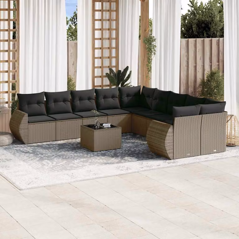 vidaXL Set Divani da Giardino 11 pz in Polyrattan Grigio con Cuscini e Tavolino da Caffè