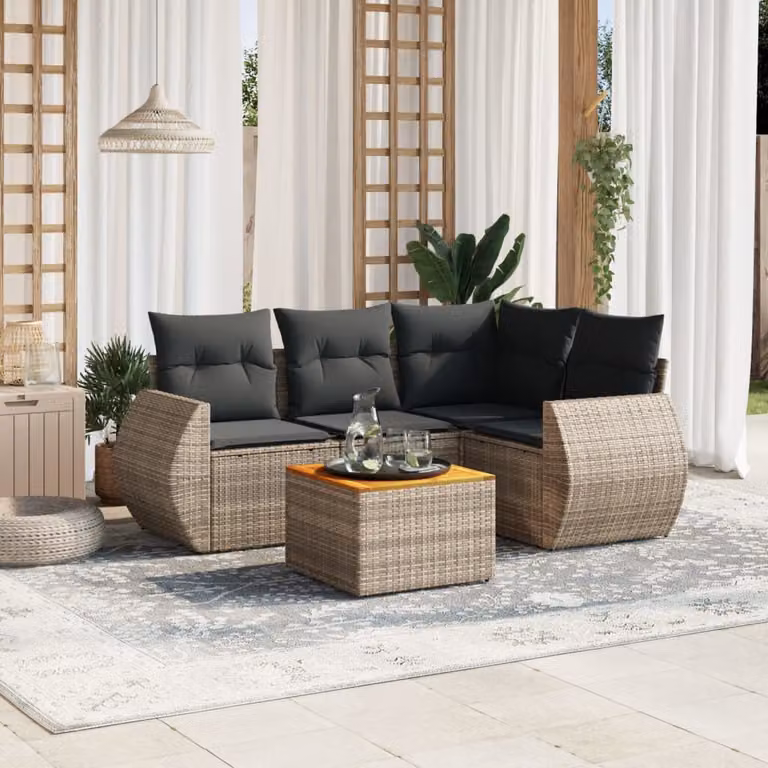 Set Divano da Giardino a L vidaXL in Polyrattan Grigio con 5 Pezzi e Cuscini