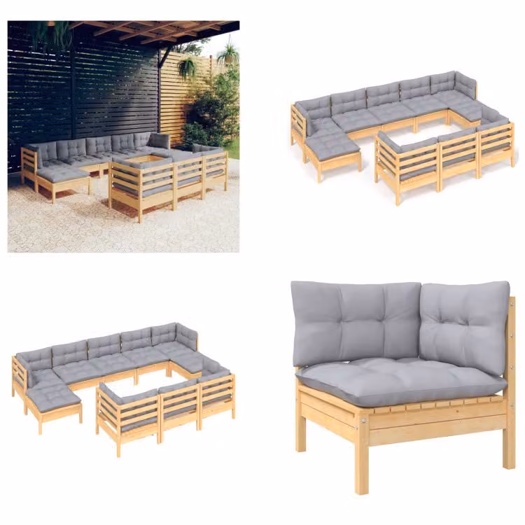 vidaXL Set salotto da giardino 10 pezzi con cuscini grigi in pino massiccio - Set salotto da giardino - Set salotto da giardino - Set mobili da giardino - Set mobili da giardino